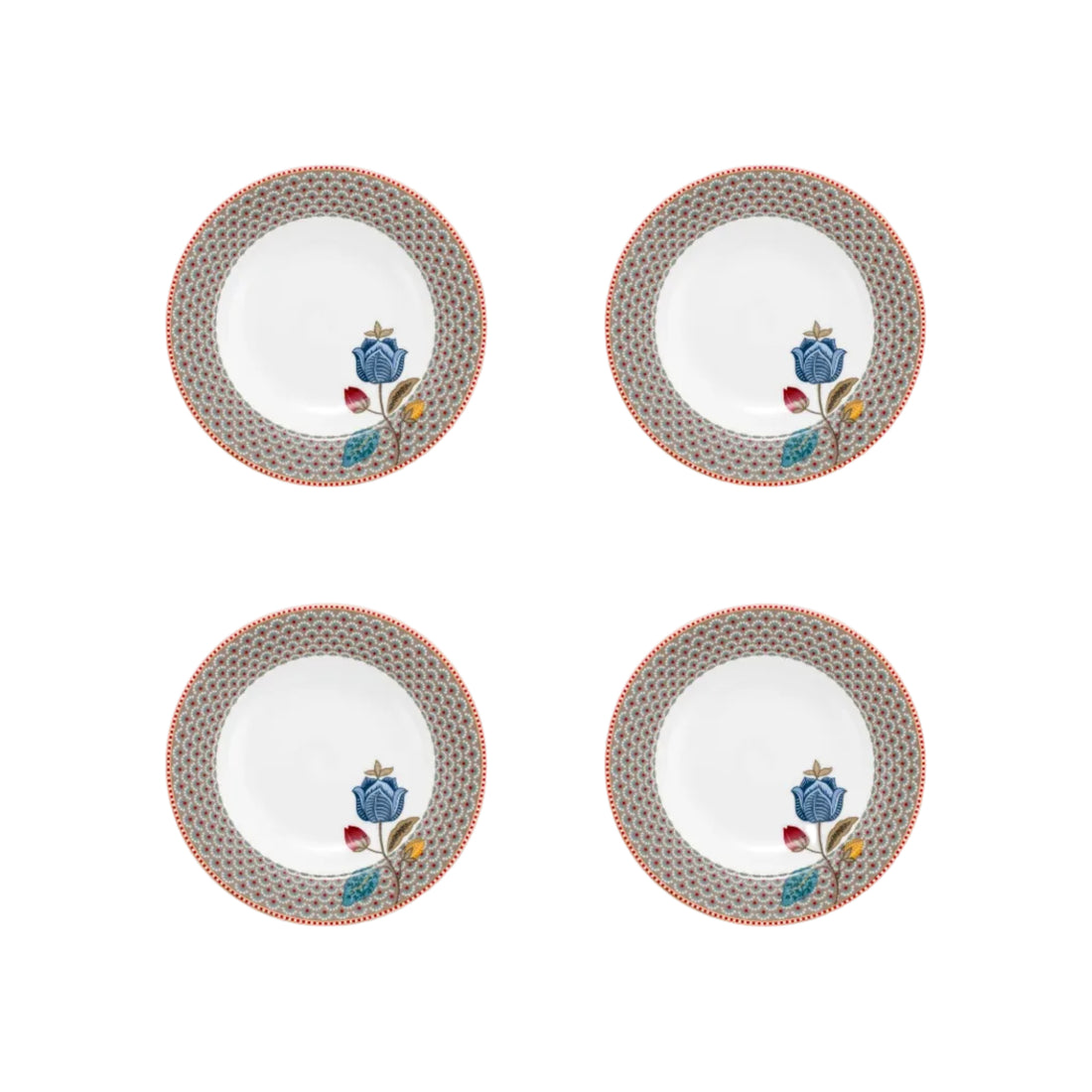 Diepe borden set van vier Pip Studio Blooming Tales Fantasy khaki diameter 21.5cm Alleen handwas om de kleur te behouden