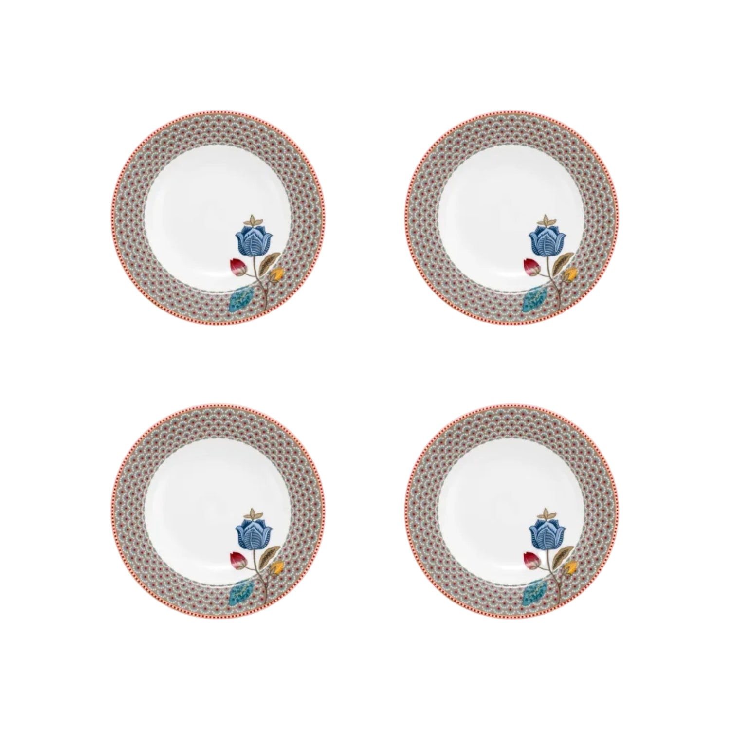 Diepe borden set van vier Pip Studio Blooming Tales Fantasy khaki diameter 21.5cm Alleen handwas om de kleur te behouden