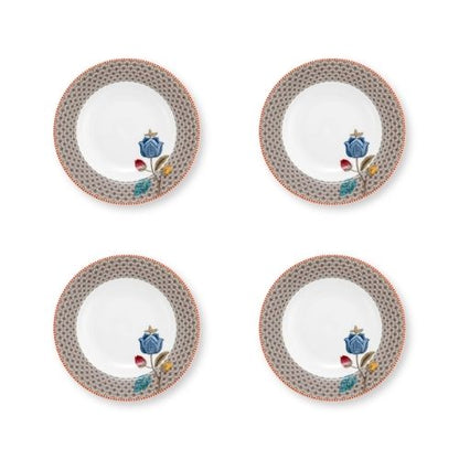 Set van vier diepe borden voor soep, pasta of salade. Bruine rand met blauwe bloemen uit de collectie Pip Studio Blooming Tales Fantasy
