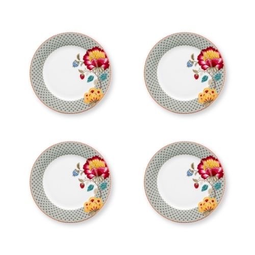 Set van vier dinerborden porselein met blauwe rand en gele met rode bloemen van Pip Studio Blooming Tales Fantasy Blue