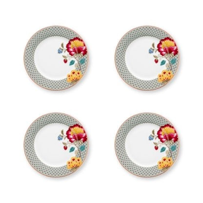 Set van vier dinerborden porselein met blauwe rand en gele met rode bloemen van Pip Studio Blooming Tales Fantasy Blue