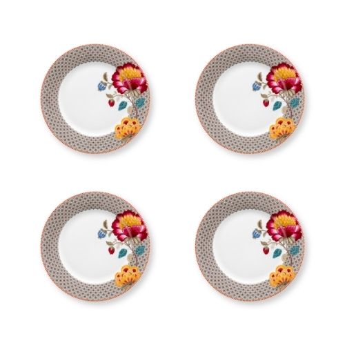 Set van vier porseleinen dinerborden bruin met bloemen van Pip Studio servies Blooming Tales Fantasy Khaki