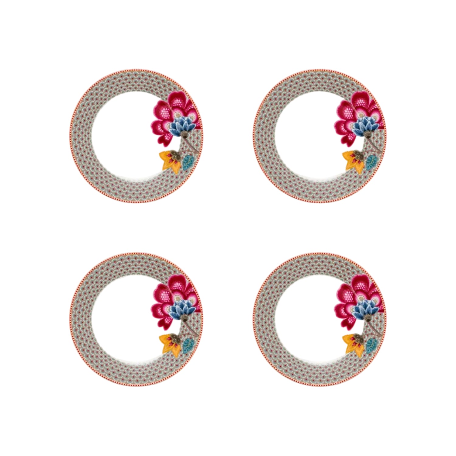 Ontbijtborden set van vier Pip Studio Blooming TAles Fantasy. Bruine rand met grote rode bloem. porselein. diameter 21cm. Alleen handwas