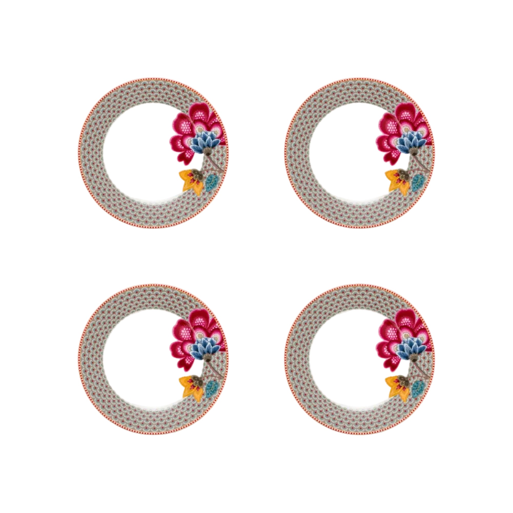 Ontbijtborden set van vier Pip Studio Blooming TAles Fantasy. Bruine rand met grote rode bloem. porselein. diameter 21cm. Alleen handwas