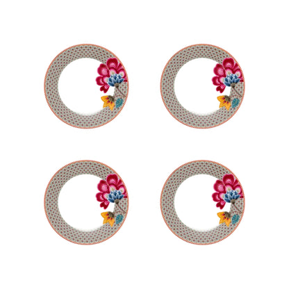 Ontbijtborden set van vier Pip Studio Blooming TAles Fantasy. Bruine rand met grote rode bloem. porselein. diameter 21cm. Alleen handwas