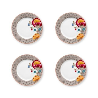 Set van vier porseleinen ontbijtborden met bruine rand en gele bloemen. Van PIp Studio Blooming Tales Fantasy khaki