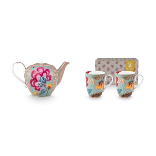 Theepot en 2 mokken blauw bundel Pip Studio Blooming Tales