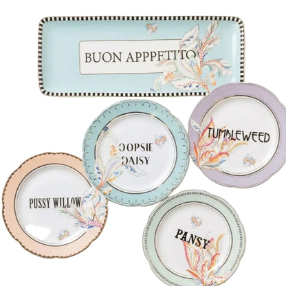 Yvonne Ellen Floral Dinnerware Set - Mint Bowl &amp; 4 Pastry Plates Ø16 cm
