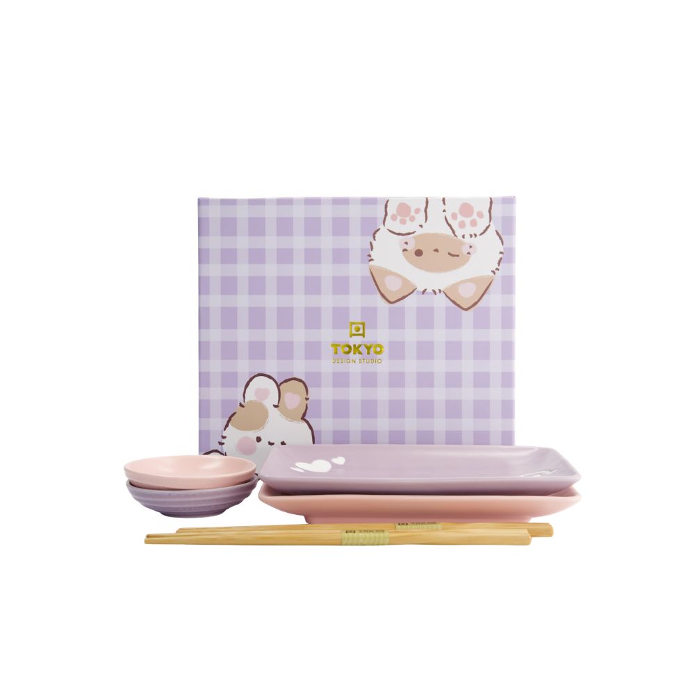 Tokyo Design Kawaii Sushiset Konijn en Kat - 2 personen - roze en lila rabbit cat  zijkant met cadeaudoos