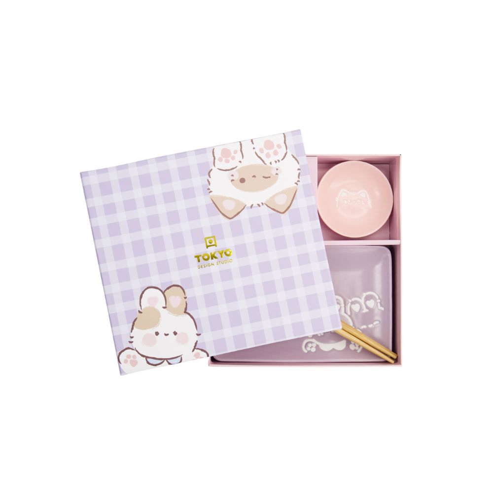 Tokyo Design Kawaii Sushiset Konijn en Kat - 2 personen - roze en lila rabbit cat  van bovenaf in cadeaudoos