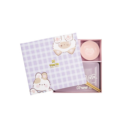 Tokyo Design Kawaii Sushiset Konijn en Kat - 2 personen - roze en lila rabbit cat  van bovenaf in cadeaudoos