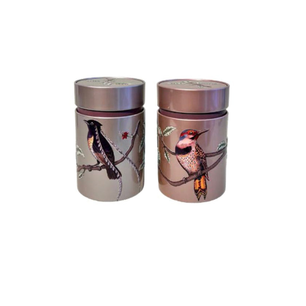 Eigenart Theeblikken Birds _ Roze - set van 2 metalen blikken rond 