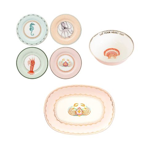Overzicht bundel 4 ontbijtborden met zeeleven, ovale schaal met krab en schaal met schelp, pastelkleuren Yvonne Ellen London