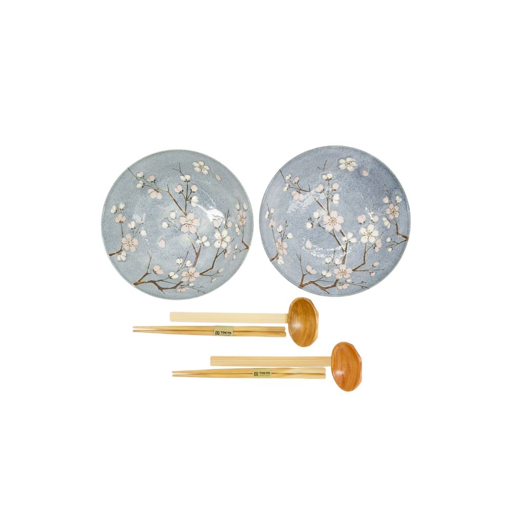 Tokyo Design Fujisakura Ramen Kom Grijs blauw Set/2 – 1000 ml bovenaf roze en witte kersenbloesems