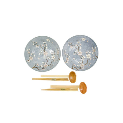 Tokyo Design Fujisakura Ramen Kom Grijs blauw Set/2 – 1000 ml bovenaf roze en witte kersenbloesems