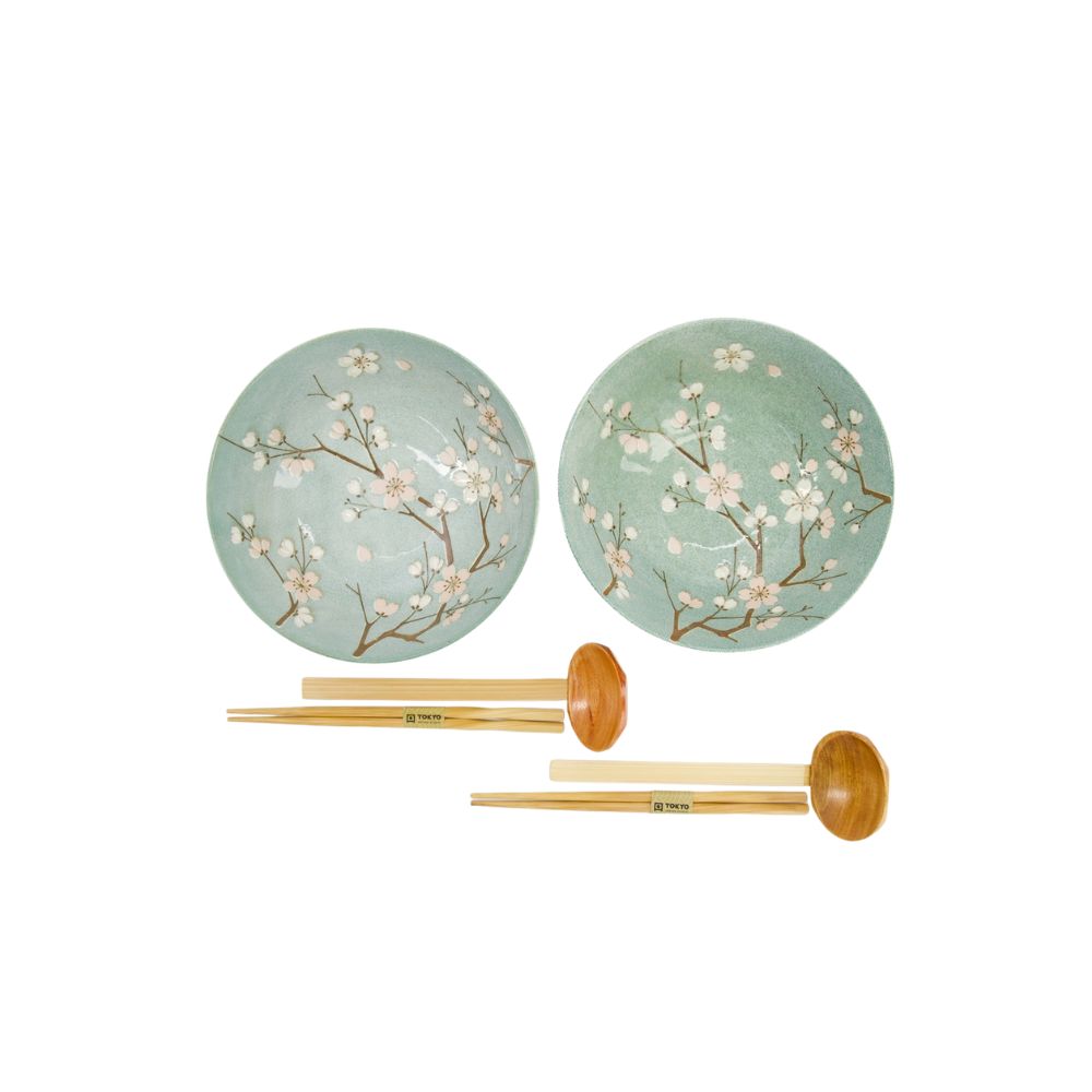 Tokyo Design Fujisakura Groen Ramen Kom Set/2 – 1000 ml bovenaf met roze kersenbloesems sakura