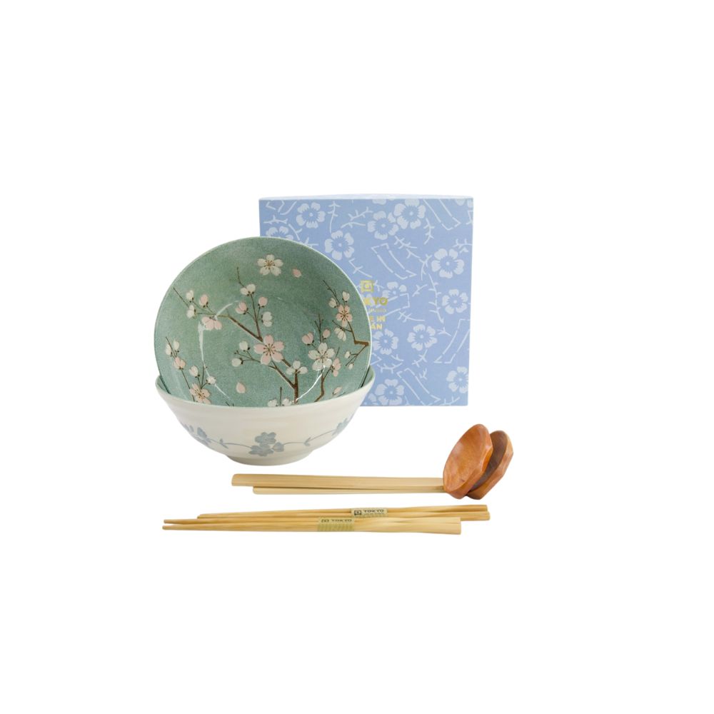 Tokyo Design Fujisakura Groen Ramen Kom Set/2 – 1000 ml set met blauwe cadeaudoos